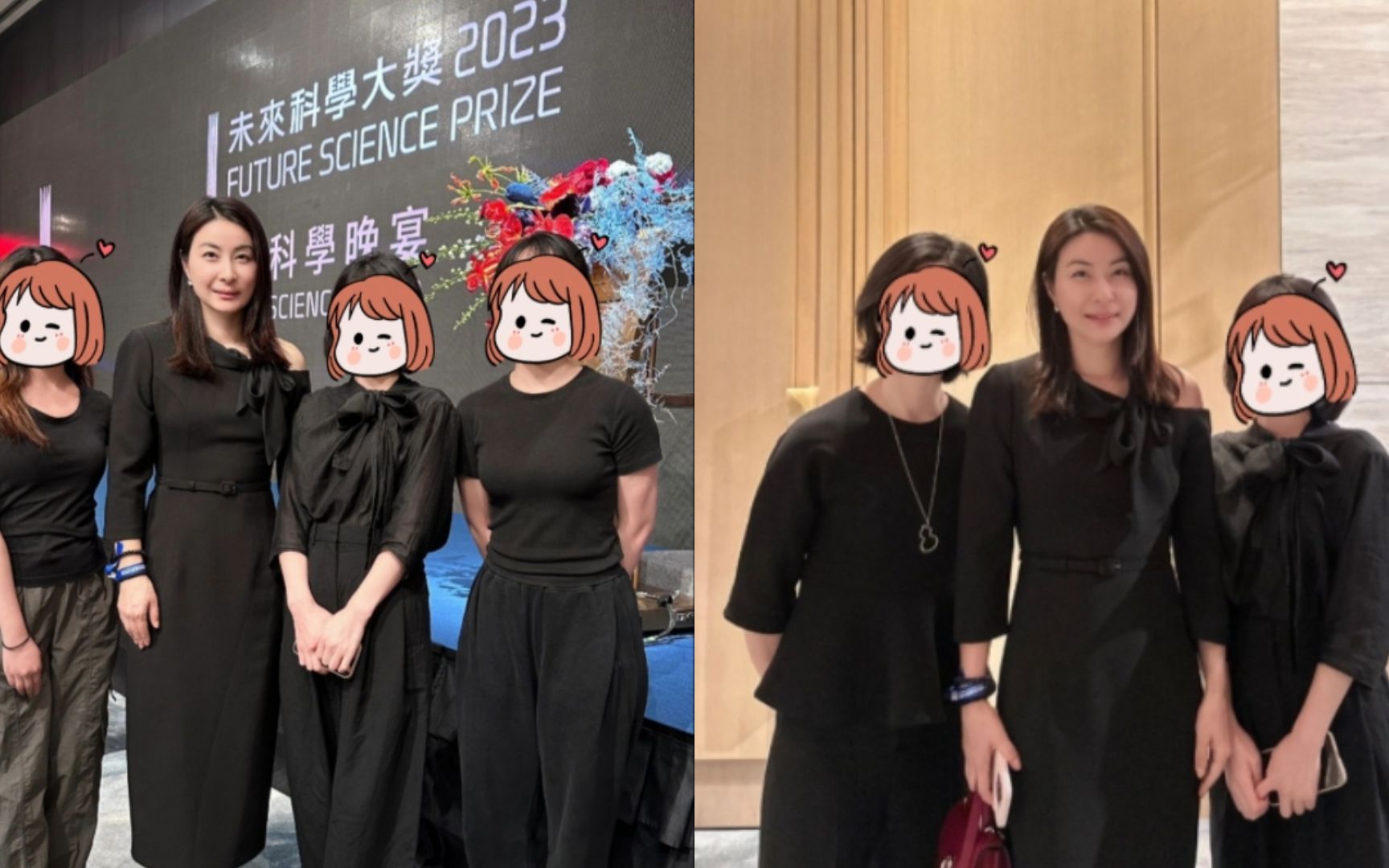 郭晶晶出席晚宴,被众人簇拥着合照亲和力十足,戴廉价发圈接地气