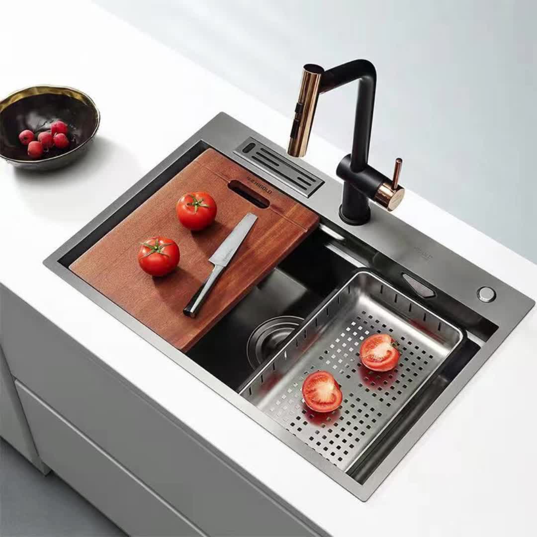 【83元券】悍高厨房黑钛纳米手工盆304不锈钢洗菜盆黑金刚加厚水槽双