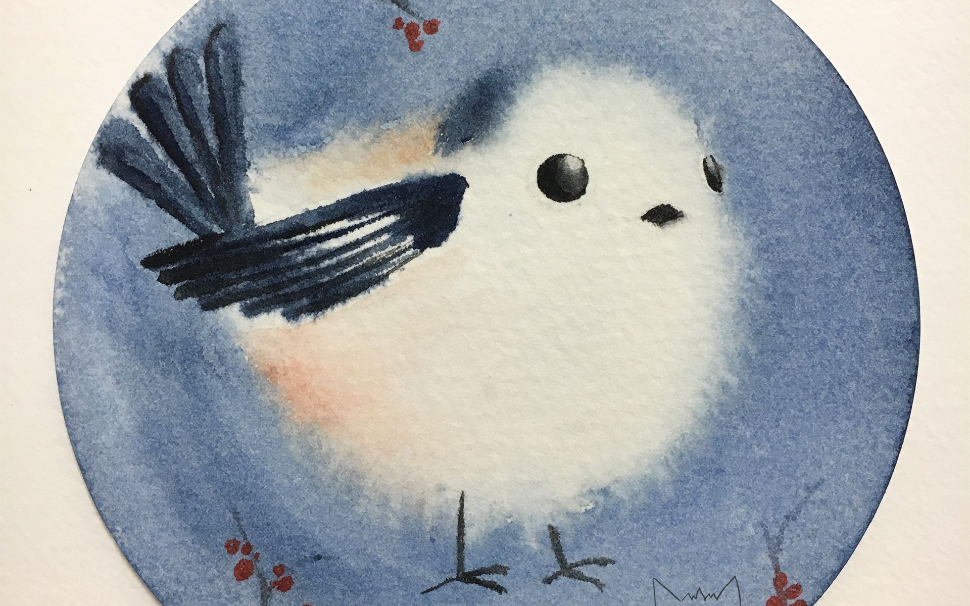 cmjkurama水彩绘画过程银喉长尾山雀speedart