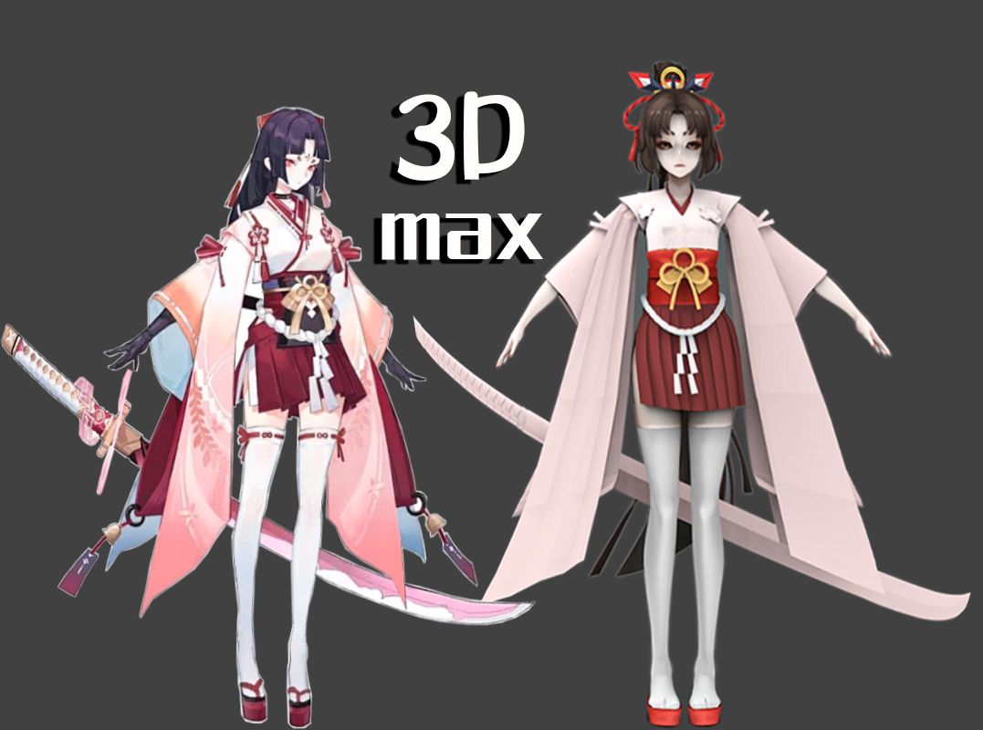 【3dmax人物建模】白丝妖刀姬角色模型基础布线讲解,模型渲染案例教学