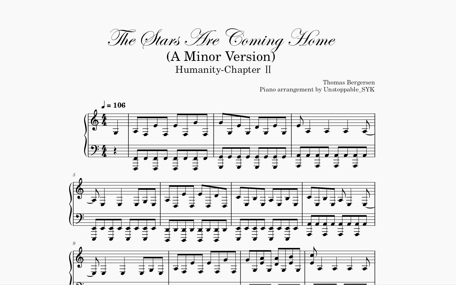 [图]The Stars Are Coming Home (A Minor Version by Thomas Bergersen) 钢琴改编