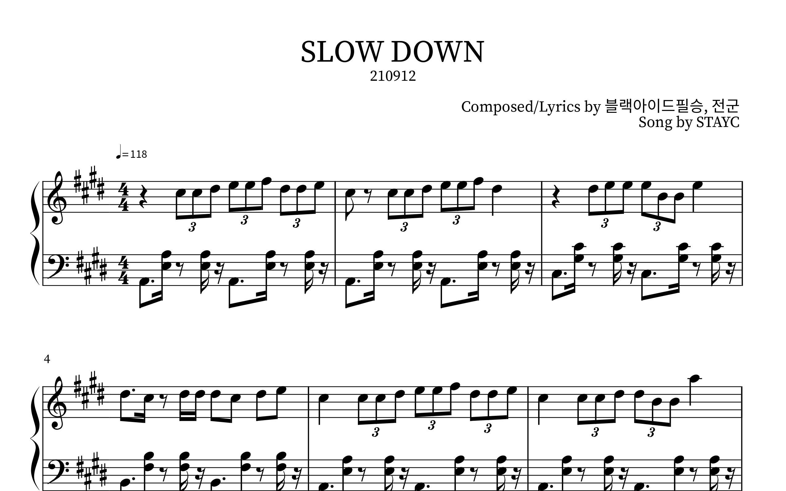 [图]STAYC - Slow Down Piano Sheet(鋼琴譜)