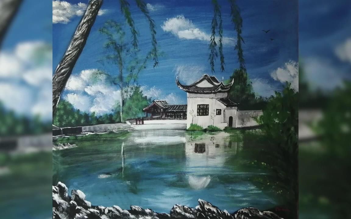 一个油管艺术家一幅代表作品 丙烯画 风景中国建筑哔哩哔哩bilibili