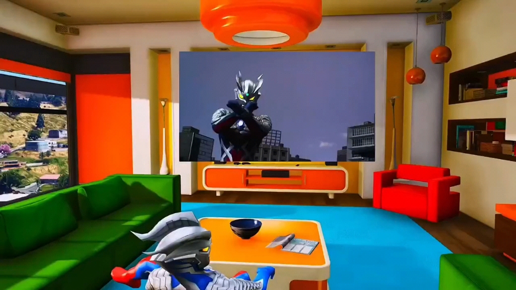 暑假赛罗奥特曼在家看电视没想到广场上出现了两个格丽乔