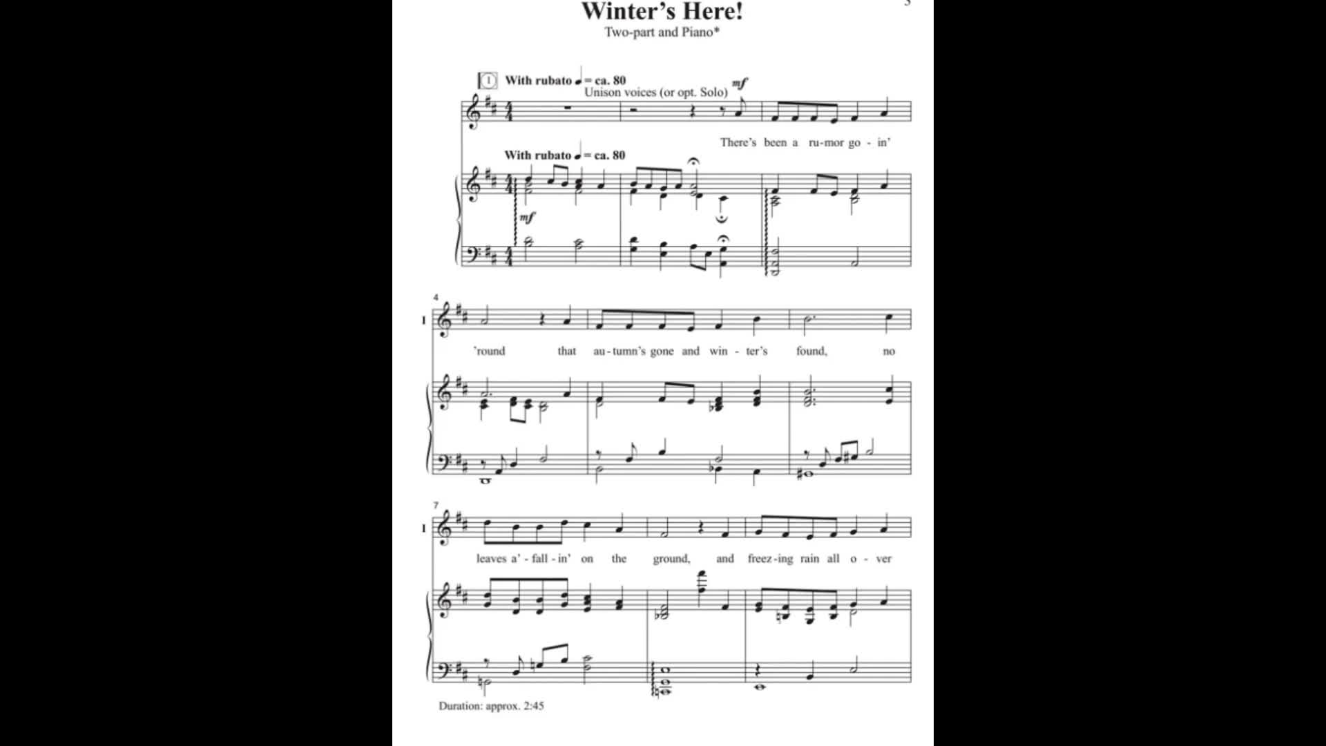 winters here 圣诞风格 二部女声童声合唱 钢琴谱