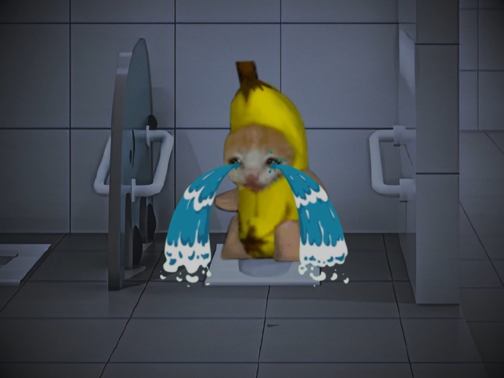 香蕉猫躲在厕所看恐怖片,被happy猫吓得手机掉进厕所了,还好有[便便]