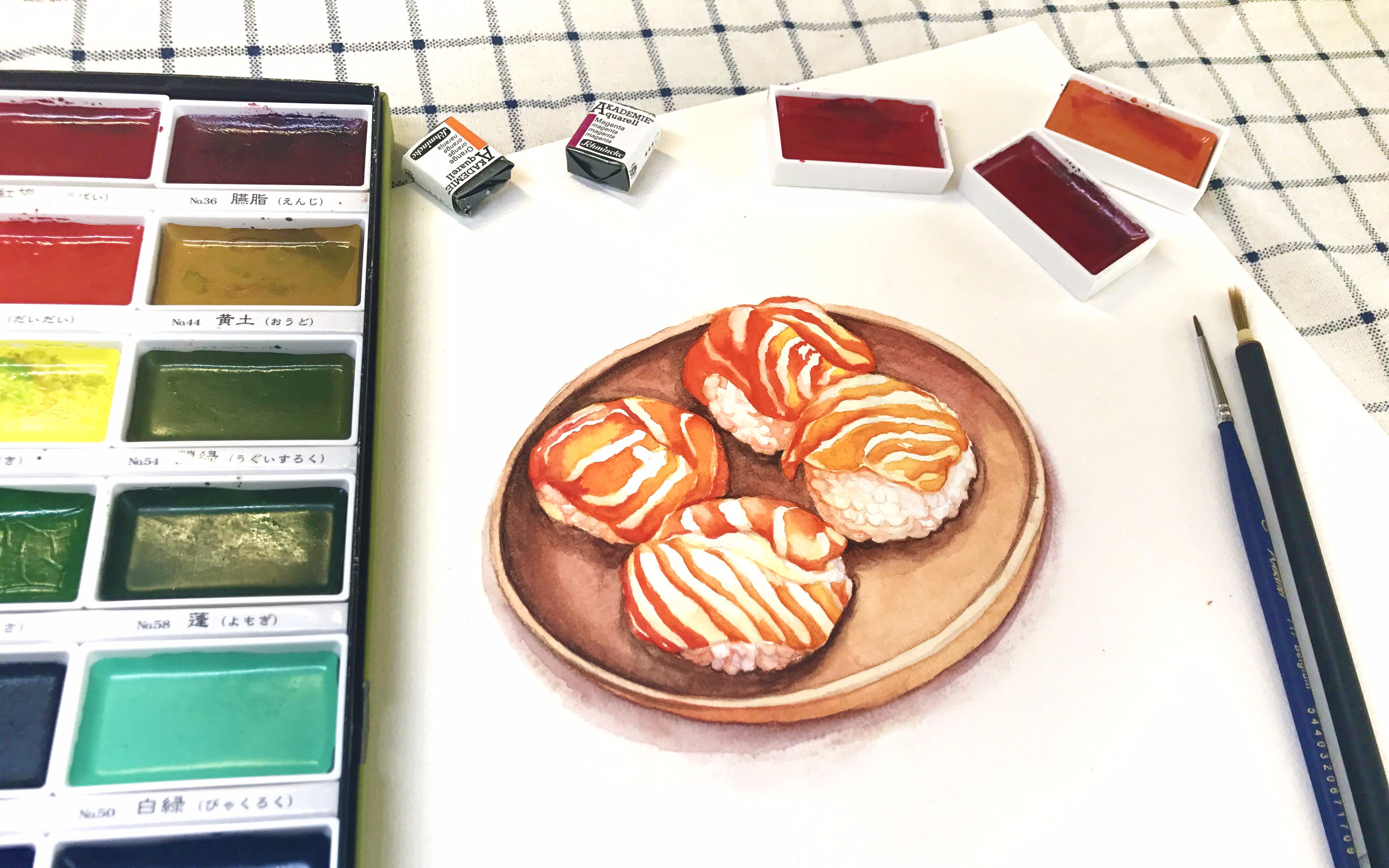 跟我一起画水彩食品篇vol10三文鱼寿司超详细视频教程