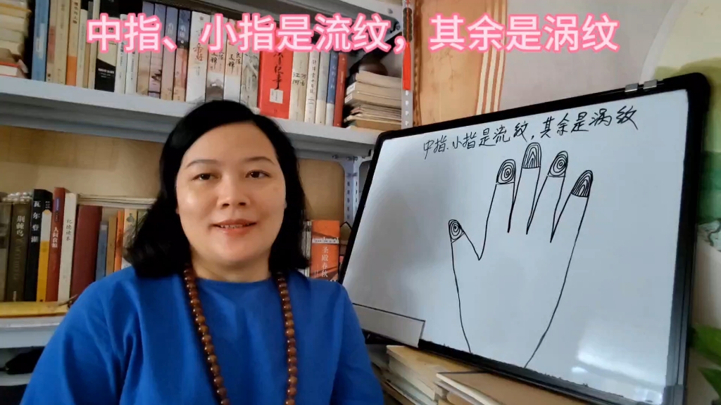 手纹:中指,小指是流纹,其余是涡纹