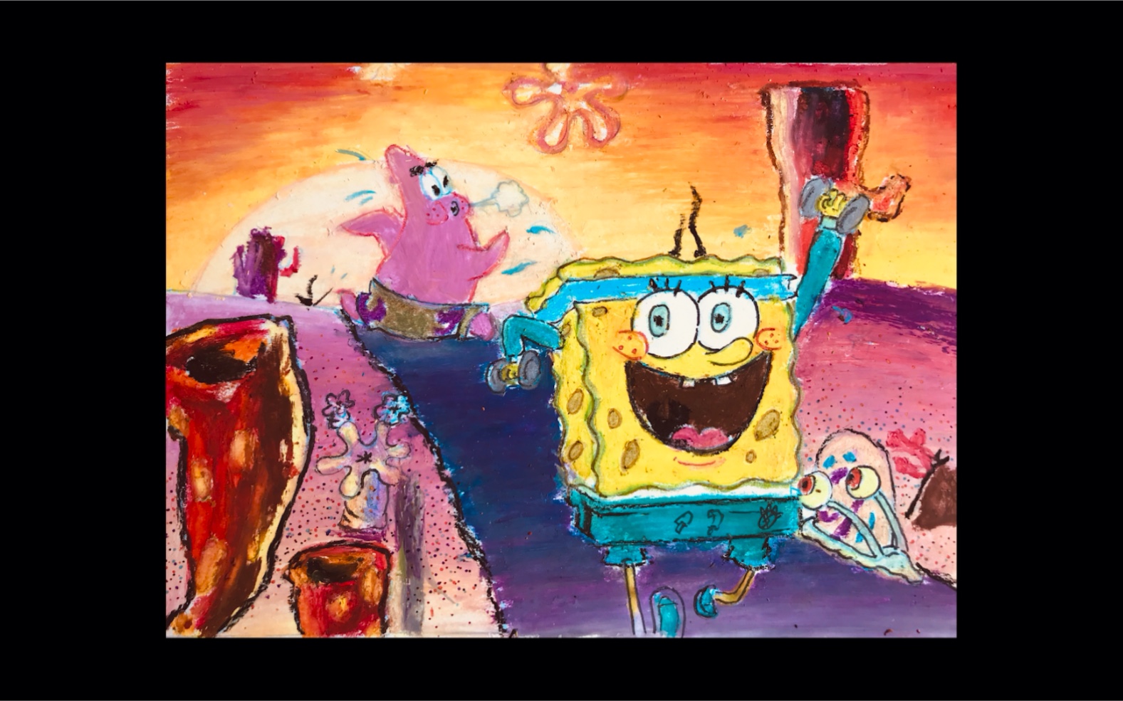 活动作品首次用油画棒手绘一个海绵宝宝