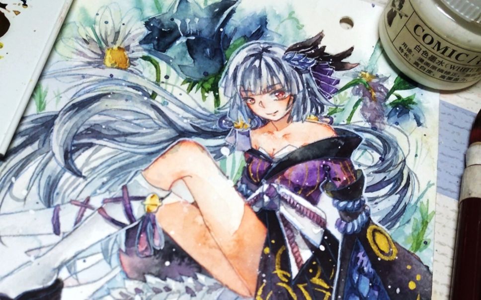 暄手绘阴阳师以津真天小姐姐水彩手绘过程ww