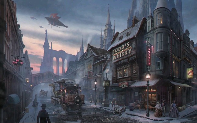 白噪音蒸汽朋克氛围音繁忙的街道交谈声蒸汽火车