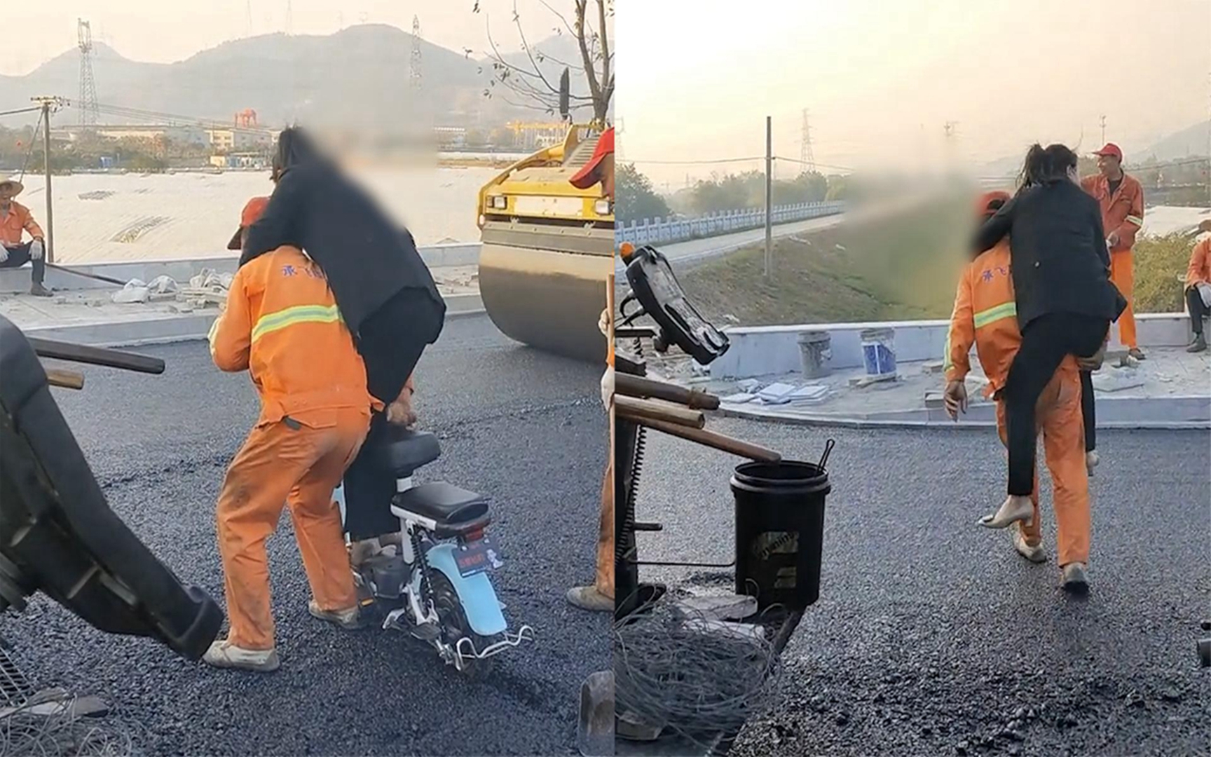 女子不听劝陷入高温沥青路,工人无奈扛背上挪走180度会烫伤她