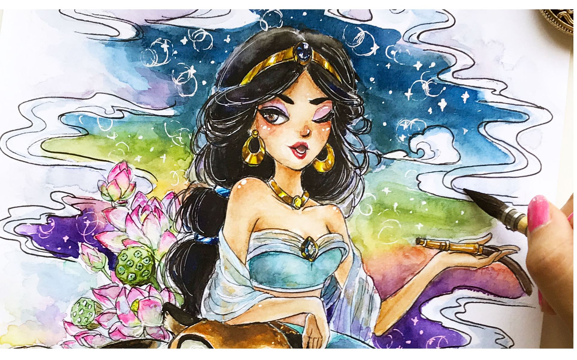 【水彩】初投稿 水彩画 茉莉公主princess jasmine_哔哩哔哩_bilibili