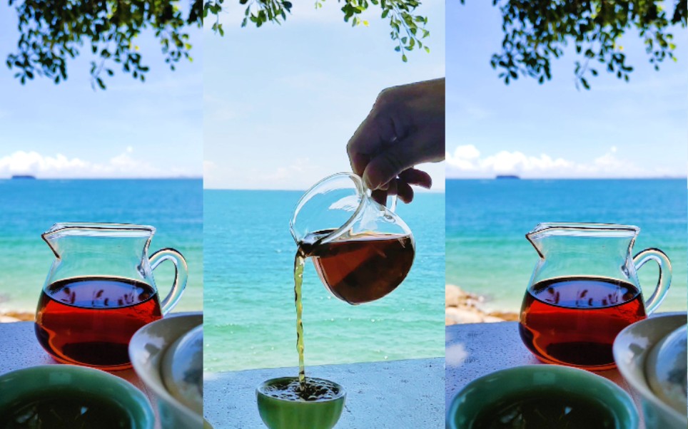 海边喝茶的女人图片图片