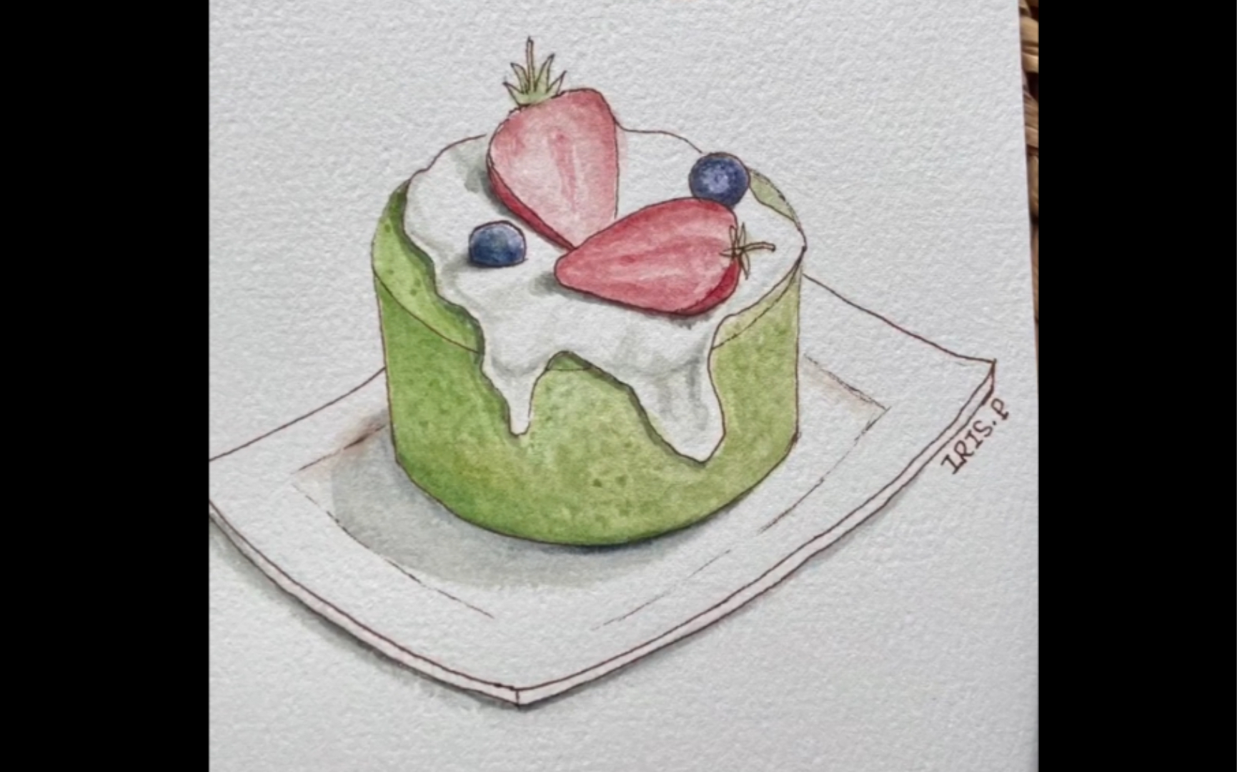 一分钟水彩教程:钢笔淡彩的抹茶蛋糕