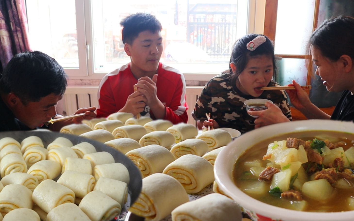 【二美】东北小村庄一顿普通午饭,粗粮油酥卷牛肉萝卜汤,真安逸