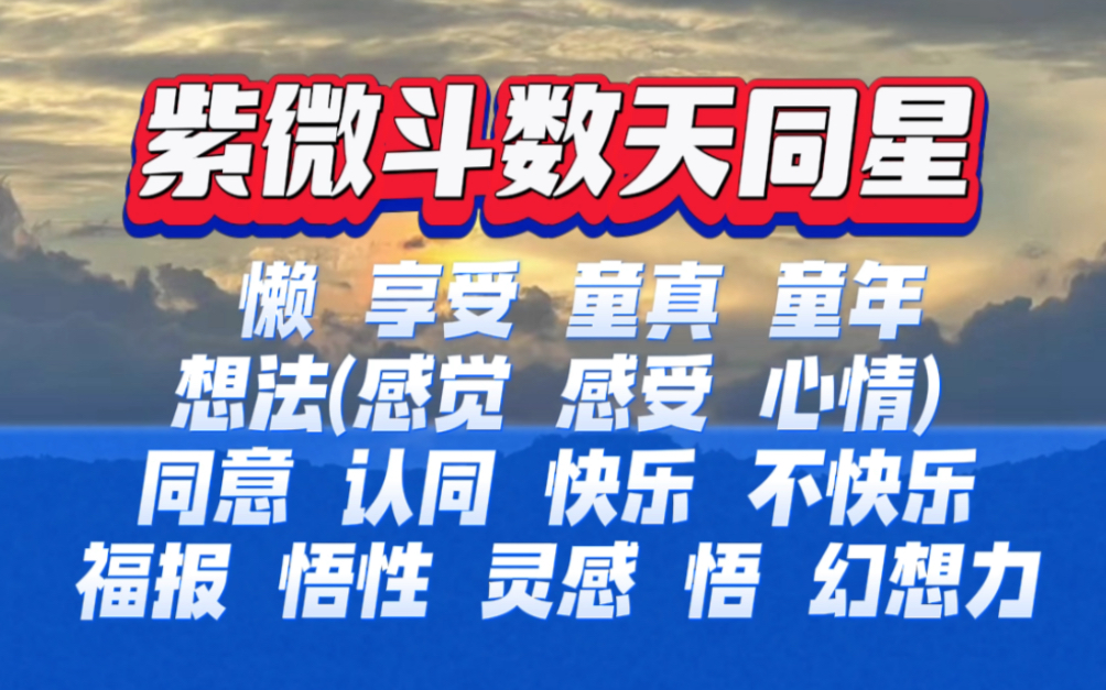 紫微斗数天同星意比较多1.懒 享受 游戏2.小孩子 童真 童年3.想法(感觉 感受 心情)4.同意 认同5.快乐 不快乐(痛苦)烦哔哩哔哩bilibili