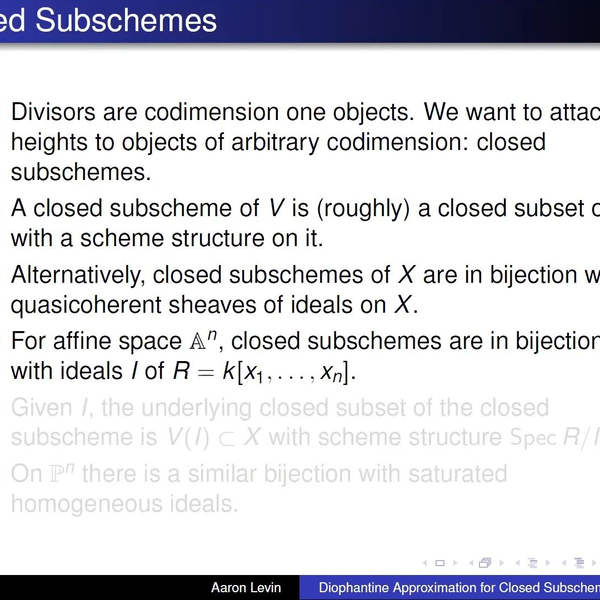 Aaron Levin Diophantine Approximation for Closed Subschemes NTWS