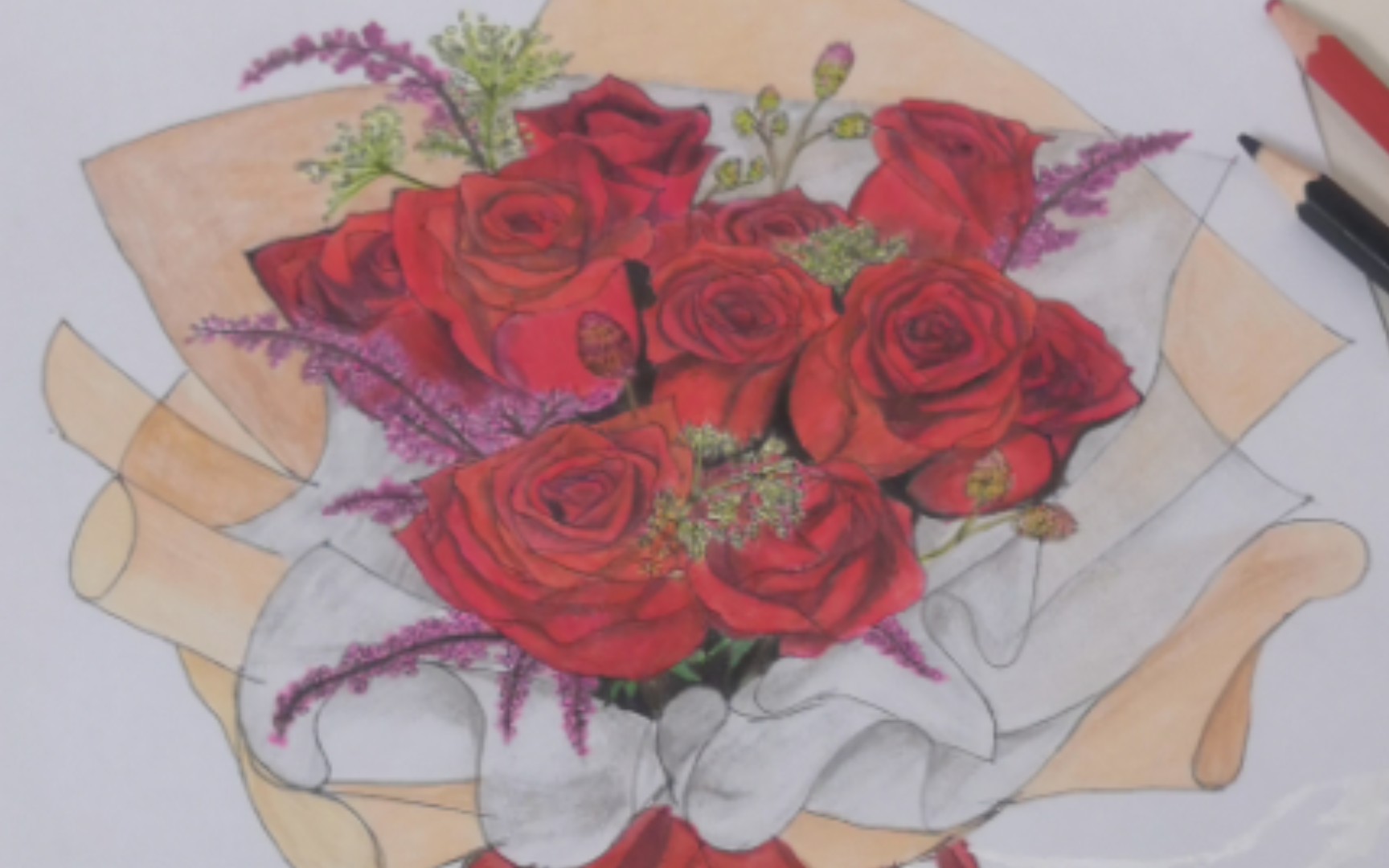 "简单"彩铅画——玫瑰花束