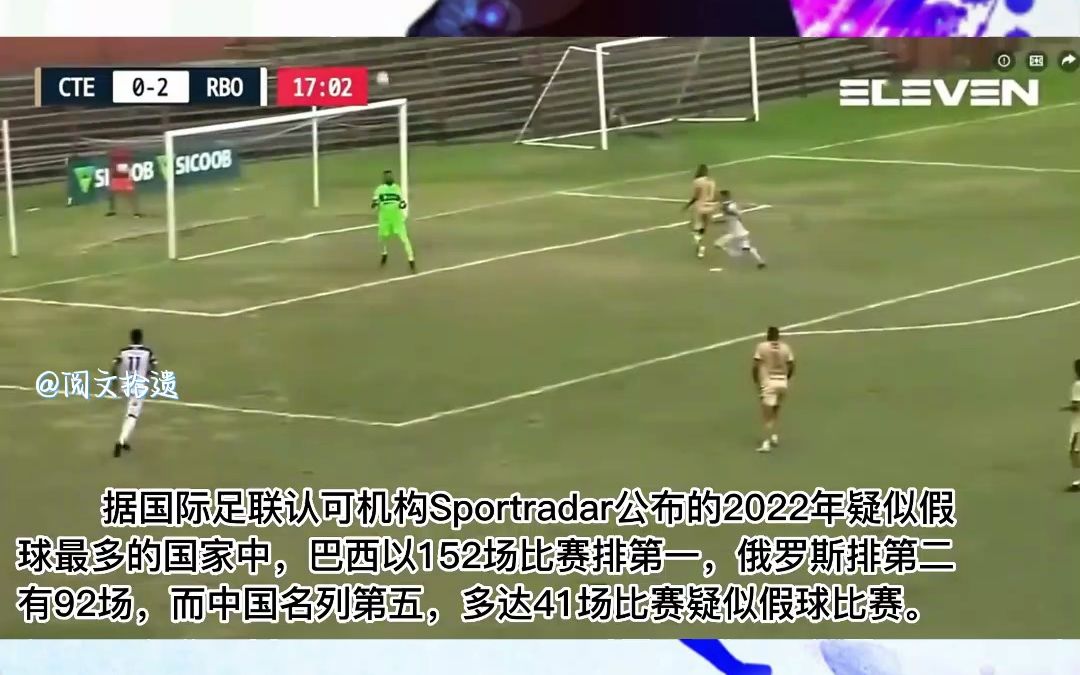 中国足球假球名列第五!据国际足联认可机构Sportradar公布的2022年疑似假球最多的国家中,巴西以152场比赛排第一,俄罗斯排第二有92场,而中国名列...