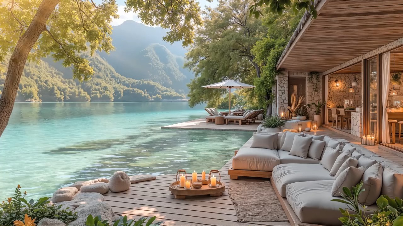 深山碧湖旁的私密别墅水榭露台8小时爵士乐休闲背景播放