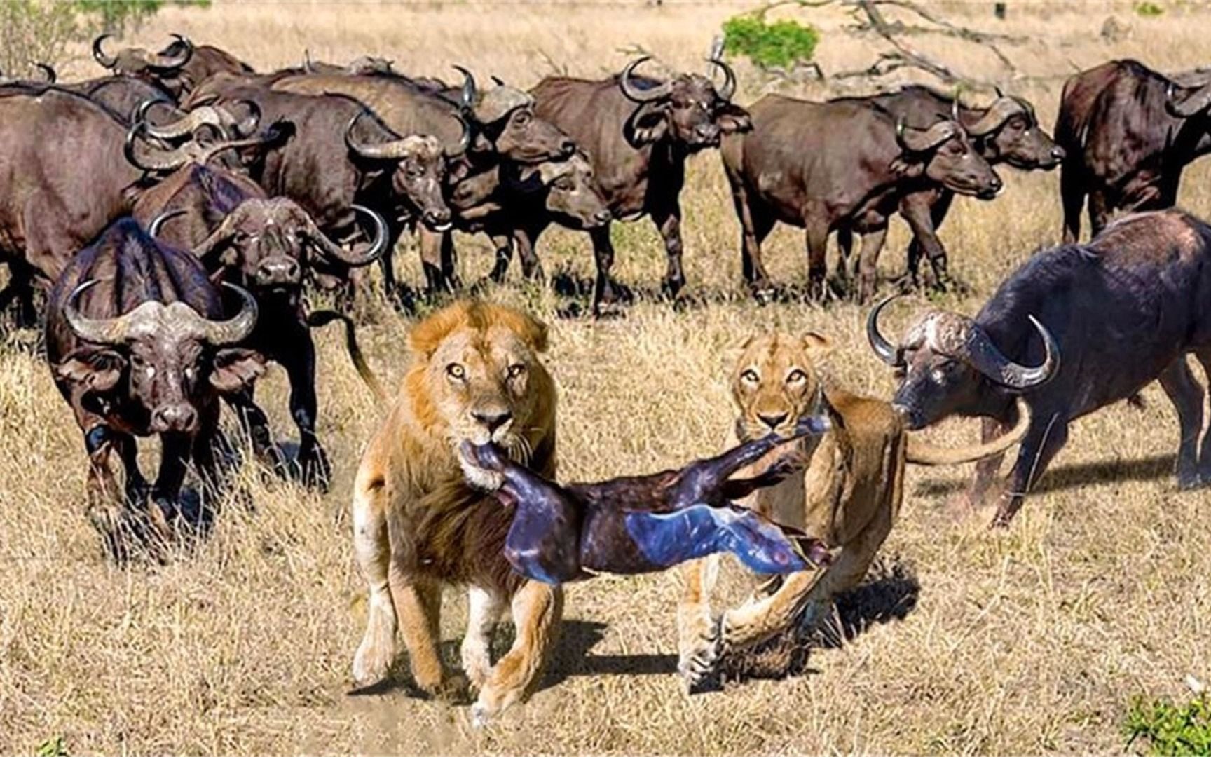 狮王与水牛之间的争斗-争取小水牛生存的斗争!