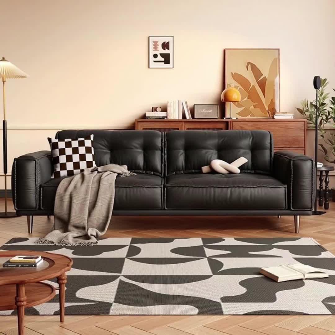 【137元券】客厅小户型沙发简约现代复古黑色科技皮极简三人位羽绒皮