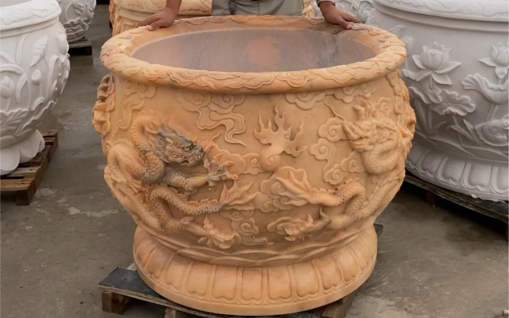 石雕龙缸晚霞红鱼缸石头花盆石槽门海别墅庭院摆件