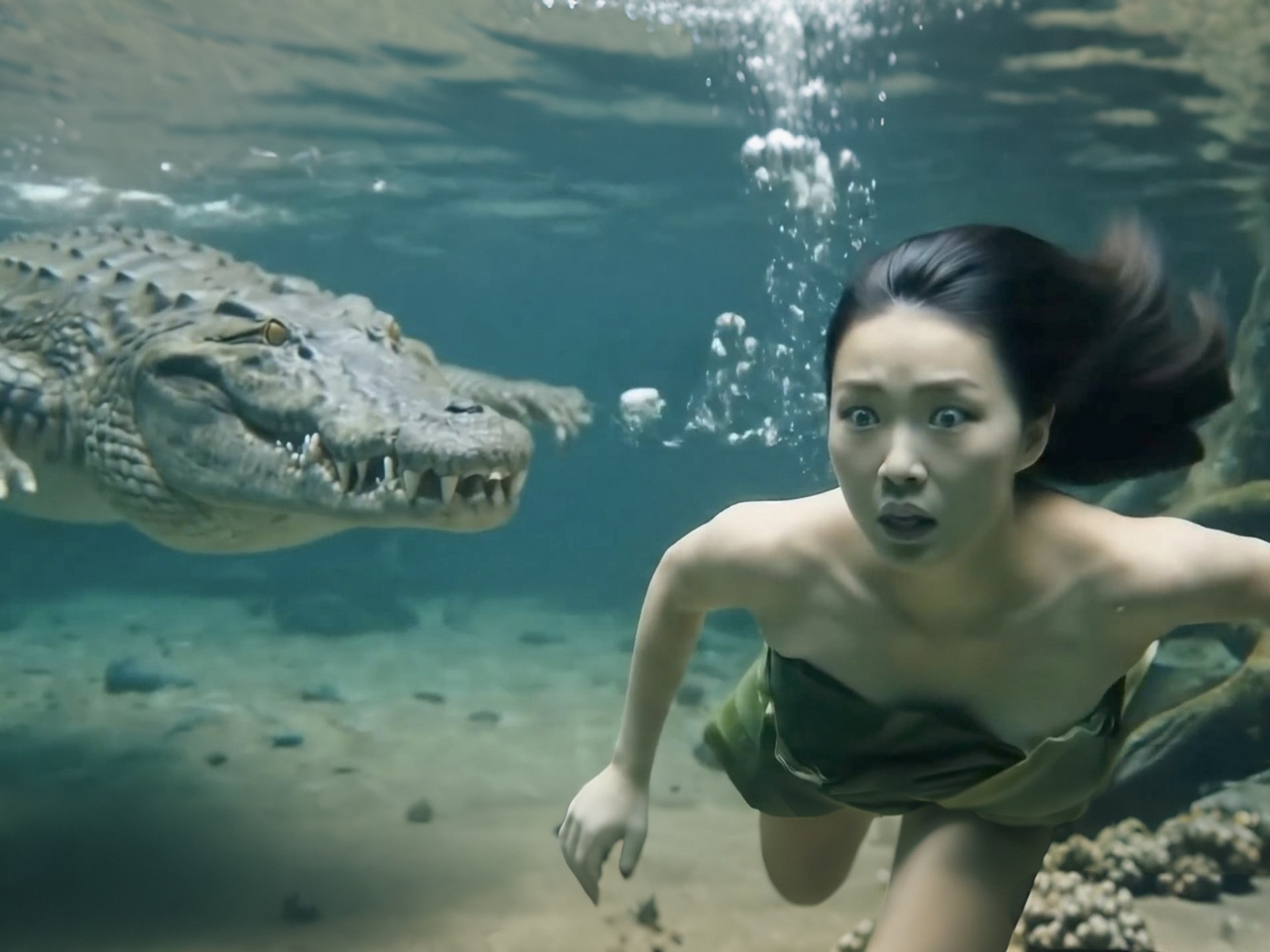 美女与大猩猩洗澡时遭鳄鱼袭击,被大猩猩乱棍打死扒皮烧烤真快活