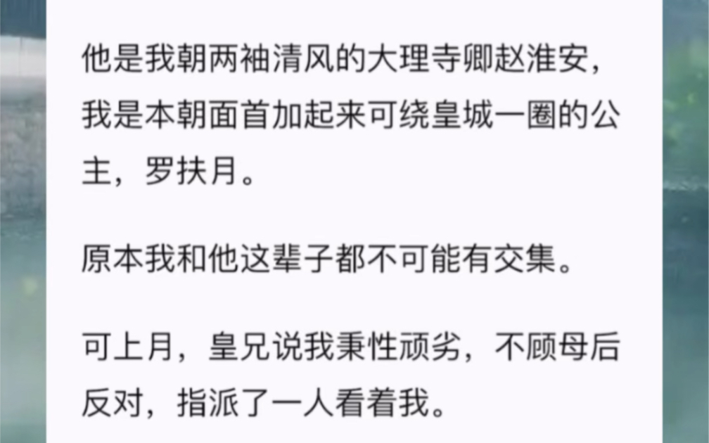 他是我朝两袖清风的大理寺卿赵淮安,我是本朝面首加起来可绕皇城一圈的公主,罗扶月.原本我和他这辈子都不可能有交集.可上月,皇兄说我秉性顽劣,...