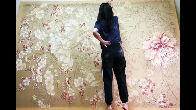 MK121　耕雲山人筆　玉堂富貴図掛軸　牡丹海棠　南画の画題　紙本着彩　肉筆 MK121 耕雲山人筆 玉堂富貴図掛軸 牡丹海棠 南画の画題 紙本着彩