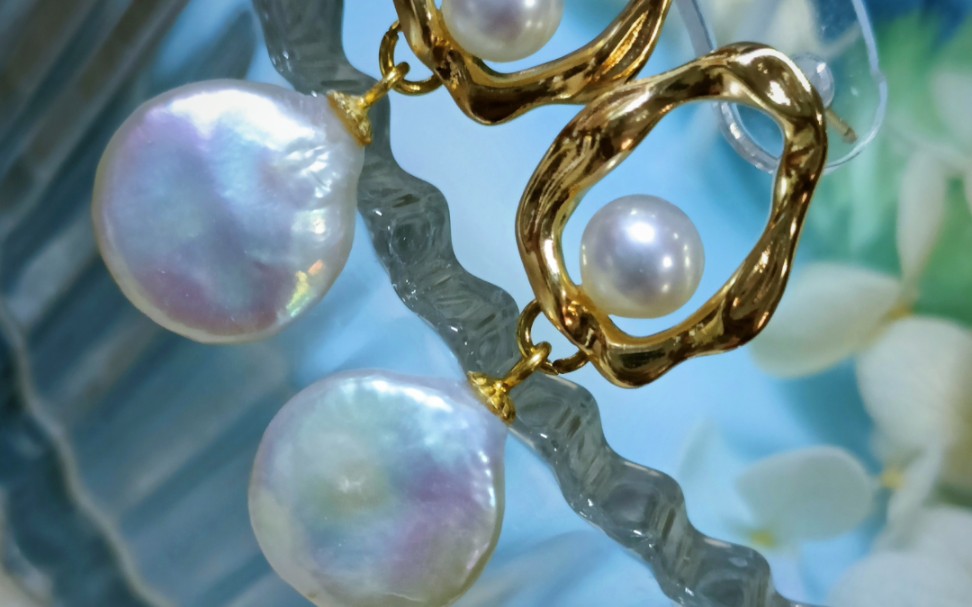 孤品极光圆珠淡水珍珠马贝冷色调不规则耳环耳钉耳饰配饰成品天然淡水