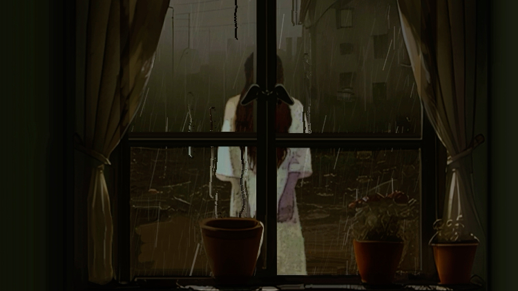 女孩看窗外下雨的图片图片