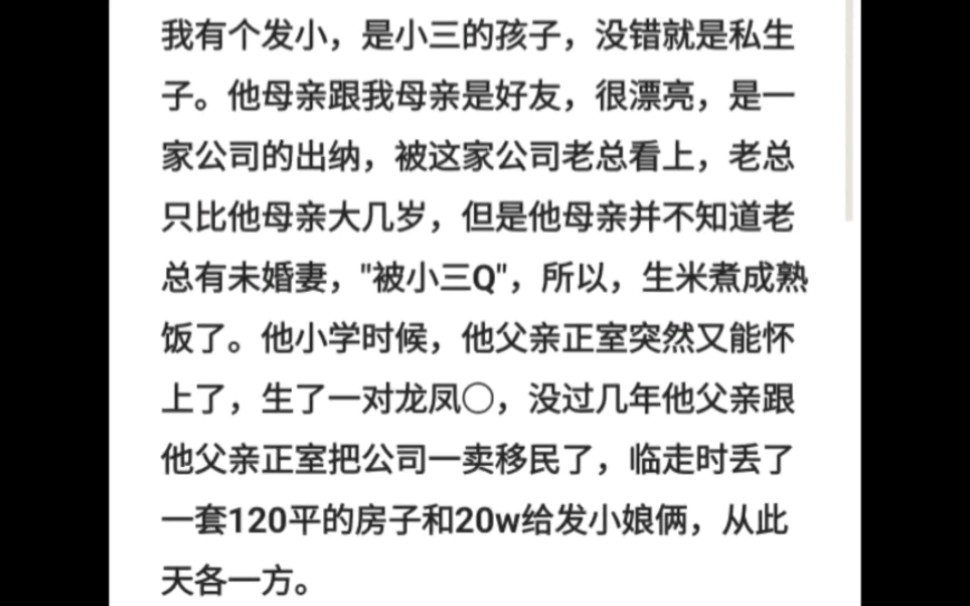 我有个发小是小三的孩子,没错就是私生子.他母亲跟我母亲是好友,很漂亮,是一家公司的出纳,被这家公司老总看上,老总只比他母亲大几岁,但是他母...