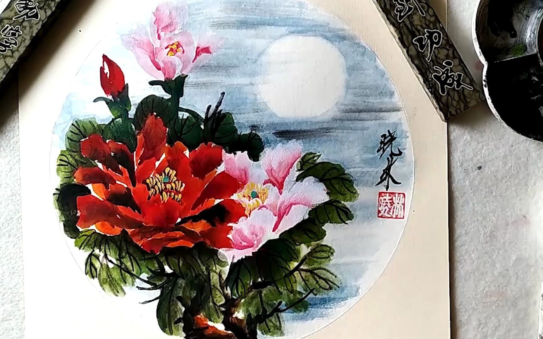 [图]中秋节画花好月圆，画圆月牡丹庆祝双节快乐。配苏轼的千里共婵娟。晓林画室每天更新。