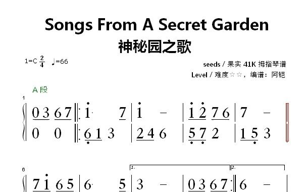 [图]神秘园之歌 Songs From A Secret Garden，41音拇指琴谱，二星难度