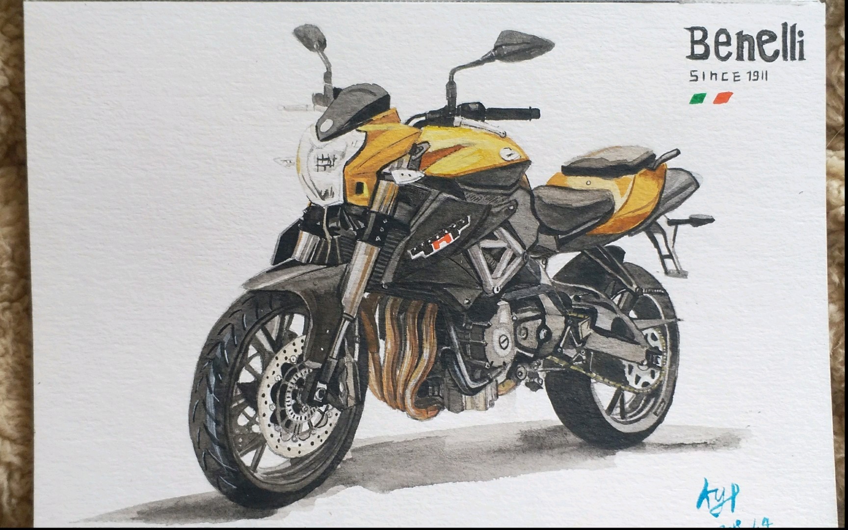 水彩手绘贝纳利黄龙600