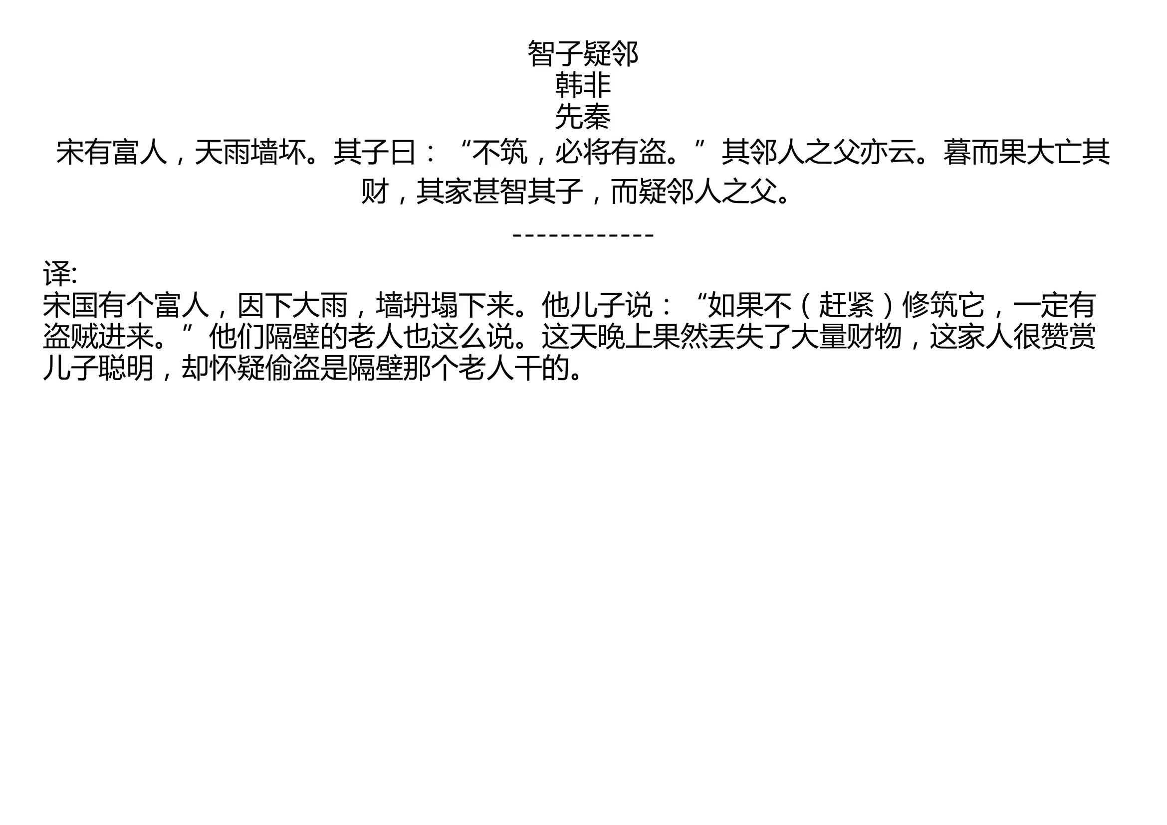 智子疑邻 韩非 先秦 宋有富人,天雨墙坏.其子曰:“不筑,必将有盗.”其邻人之父亦云.暮而果大亡其财,其家甚智其子,而疑邻人之父.哔哩哔哩...