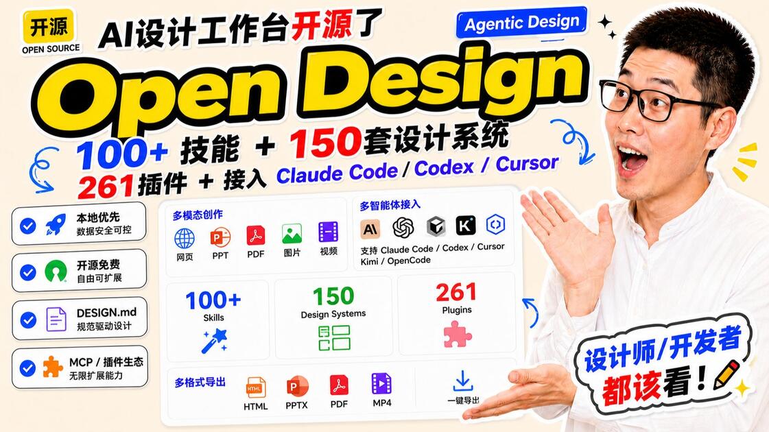Open Design 彻底把 AI 设计流程开源了！从一句需求到网页、PPT、图片、视频，Claude Code / Codex ...