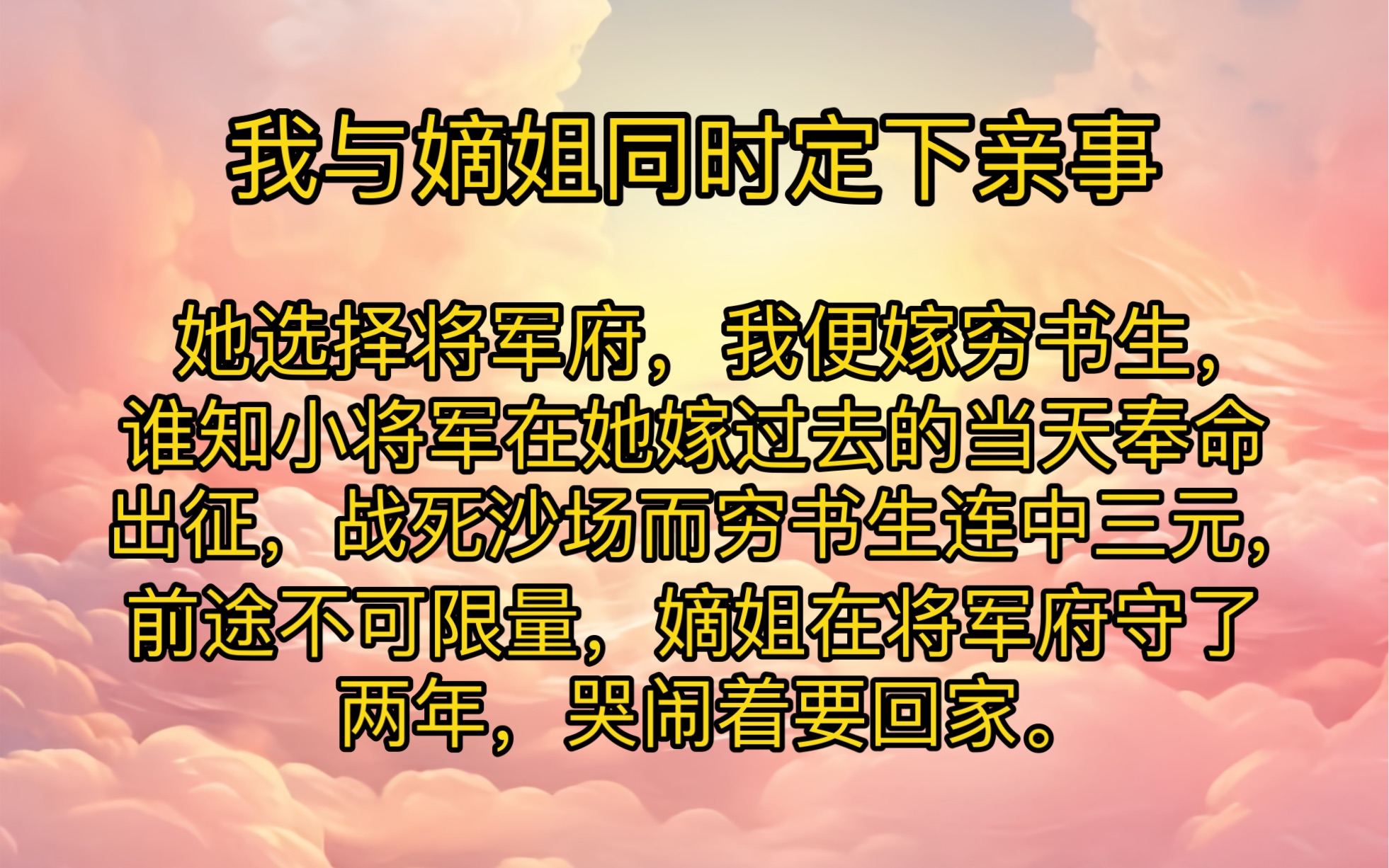 我与嫡姐同时定下亲事,她选择将军府,我便嫁穷书生,谁知小将军在她嫁过去的当天奉命出征,战死沙场而穷书生连中三元,前途不可限量,嫡姐在将军府...