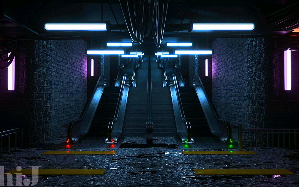 赛博朋克风格地下扶梯场景