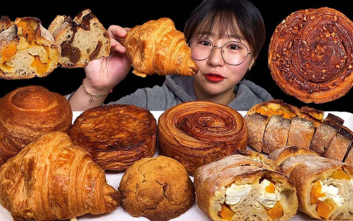 吃播剪说话cossert勃朗峰面包山核桃花生酱曲奇杏仁肉桂卷牛角包阿曼