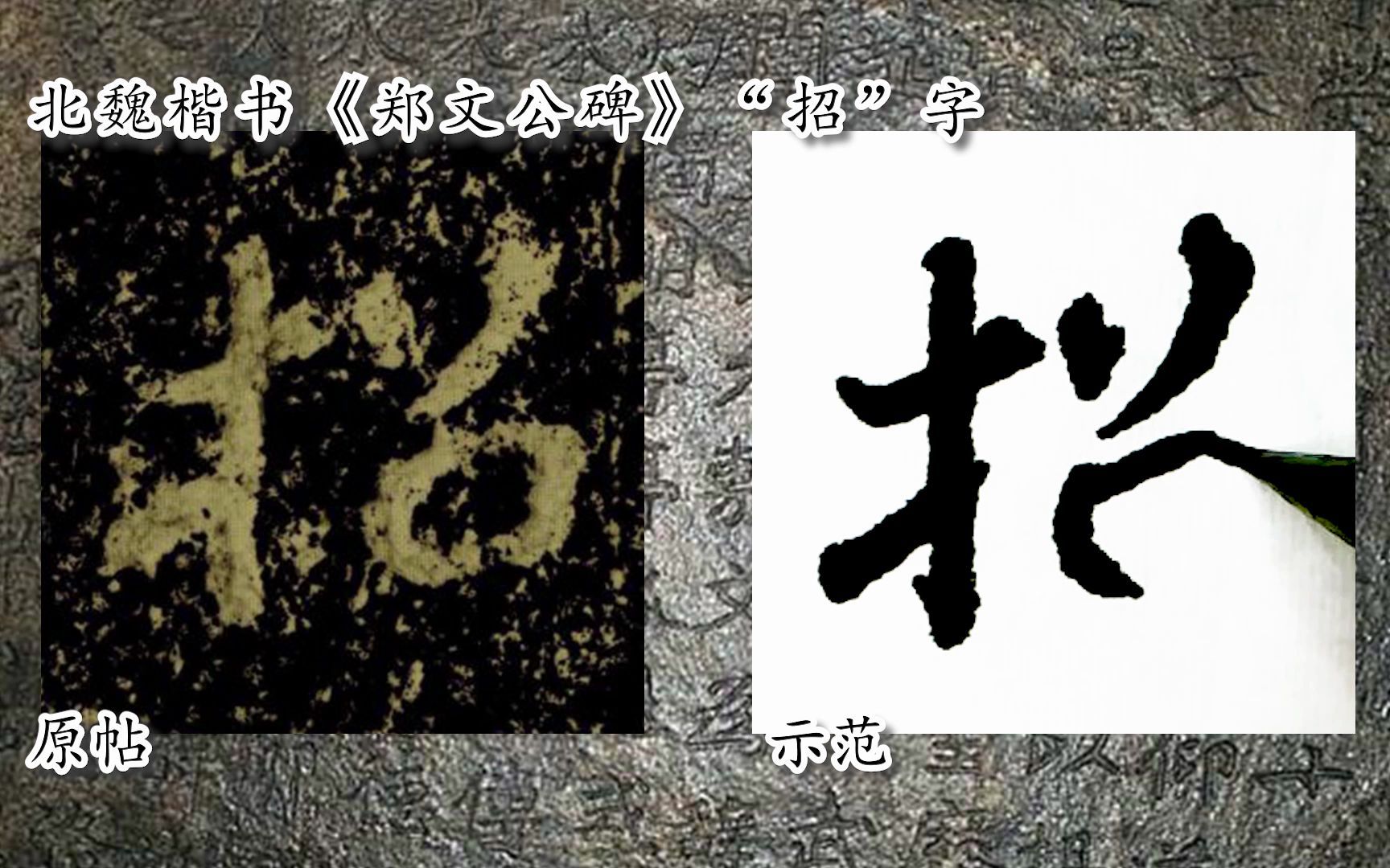 [图]【每日一字】书法视频，周东芬临北魏楷书《郑文公碑》“招”字