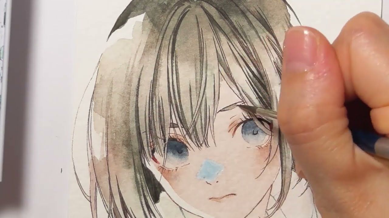 [图]【透明水彩】イラストメイキング【紺リボンの子】●Watercolor Painting