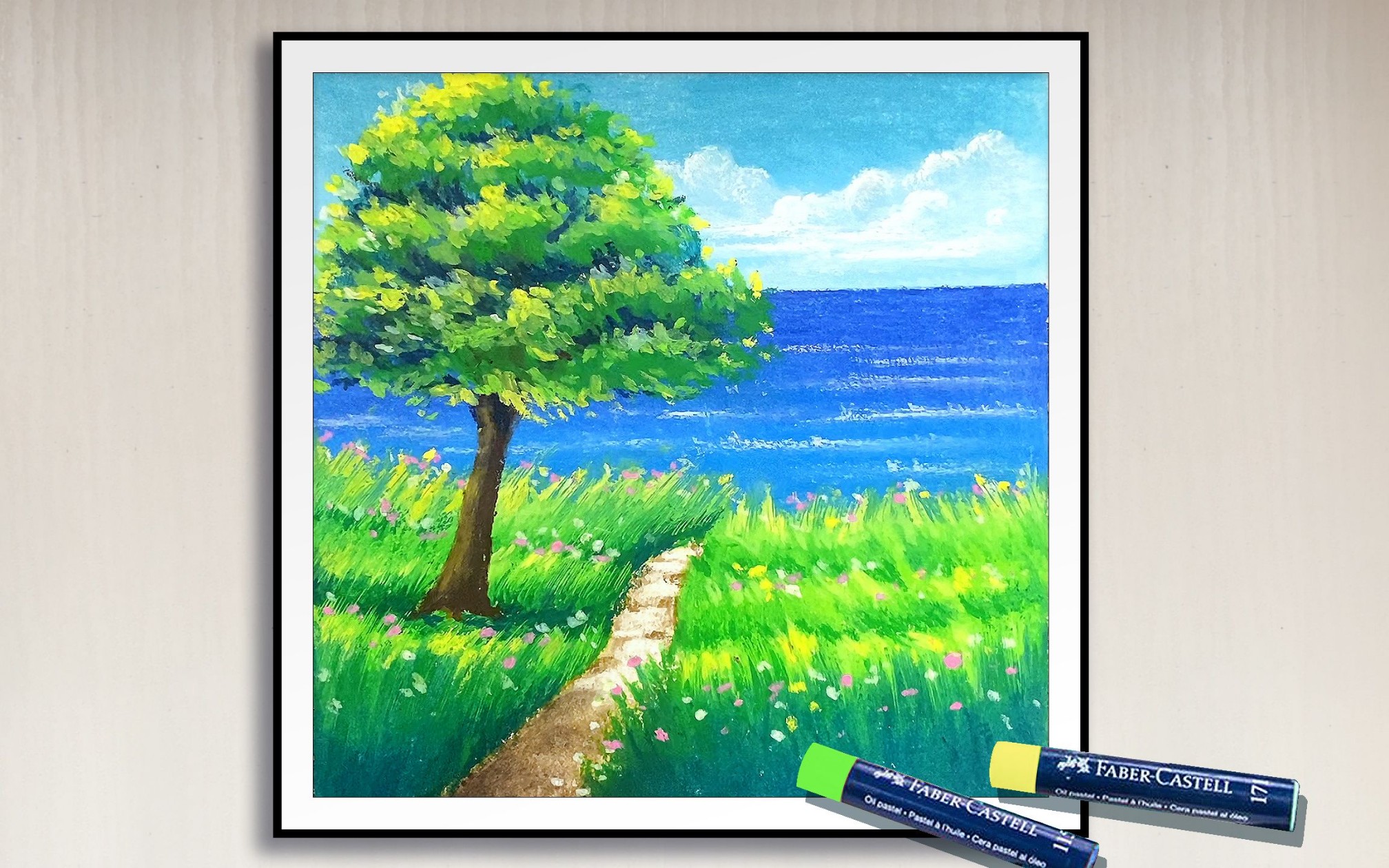 油画棒风景用油画棒画海边的小路风景,完整手绘过程记录分享哔哩哔哩bilibili