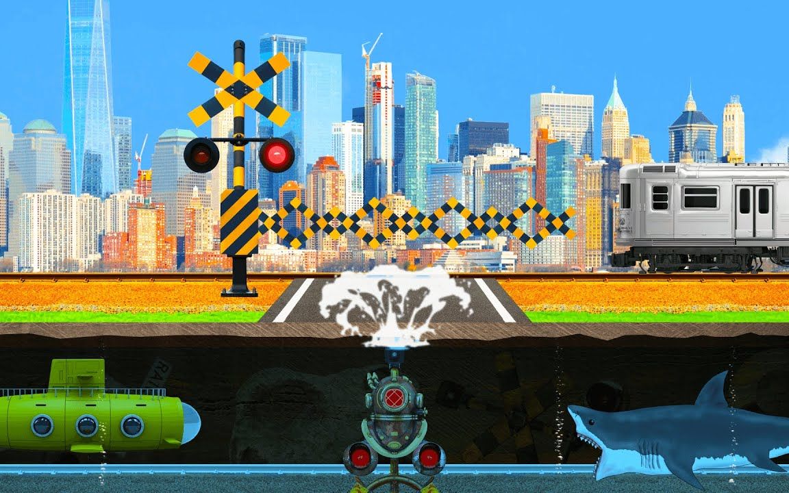 趣味铁道口动画:地底被机器挖出一条隧道,下雨的时候居然有鲨鱼