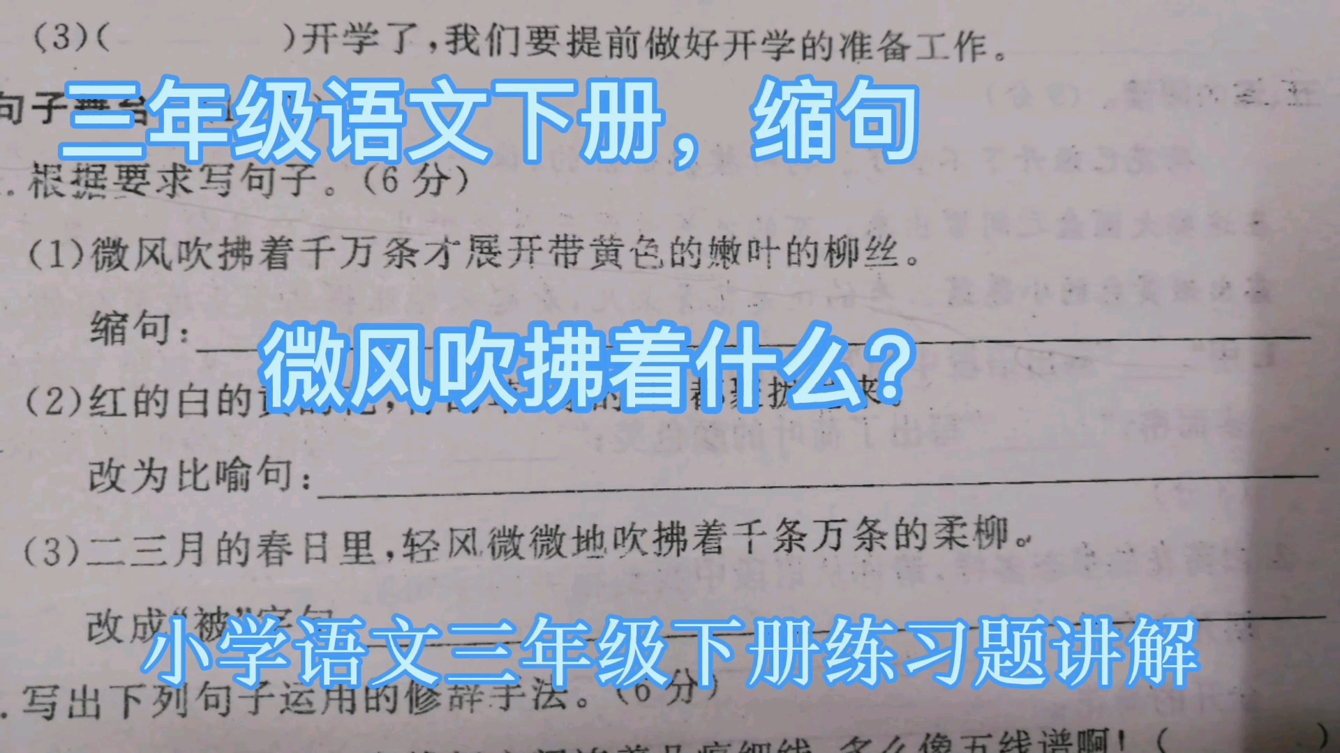 [图]三年级语文下册，缩句，微风吹拂着什么？