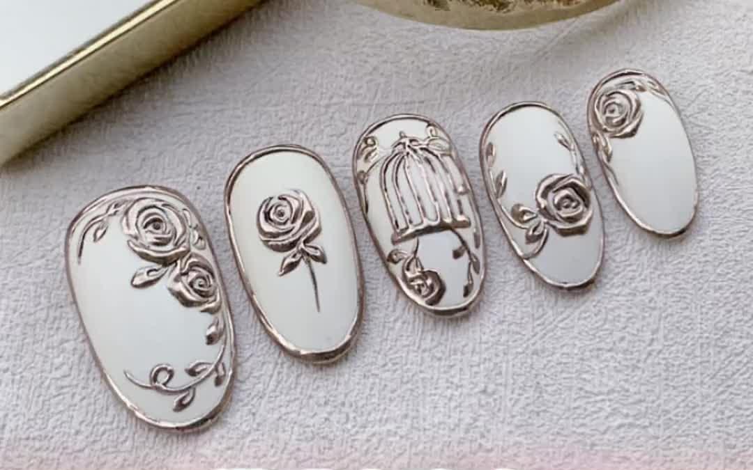 美甲初级彩绘玫瑰花教程 超好看的美甲 新年款式 美甲教程