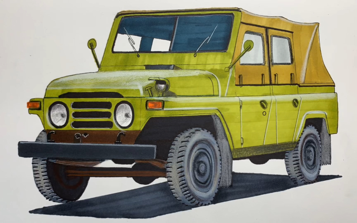 手绘北京212吉普车,经典老车