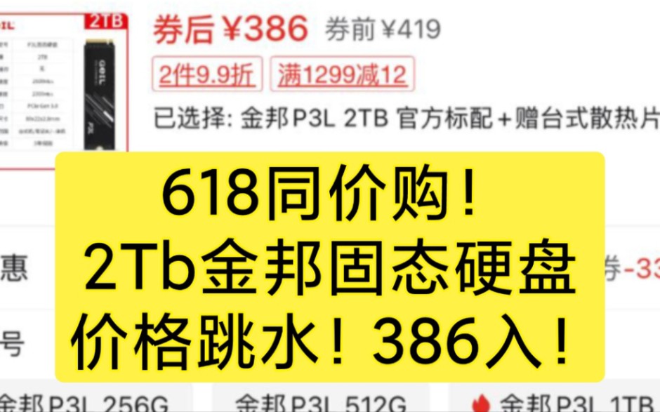 618同价购!386拿下2Tb金邦固态硬盘!固态硬盘再次跳水!已是历史最低价,即将开始反弹!?.,哔哩哔哩bilibili